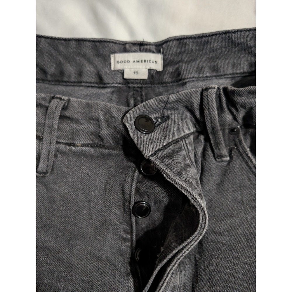 Good American Black Split Raw Hem Jeans Women's Size 15 Stretch Button Fly - Picture 4 of 10